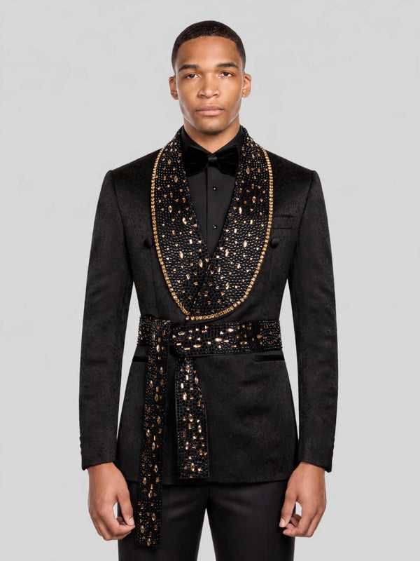 Onyx Gold Crystal Belted Shawl-Collar Double-Breasted Tuxedo Jacket 06