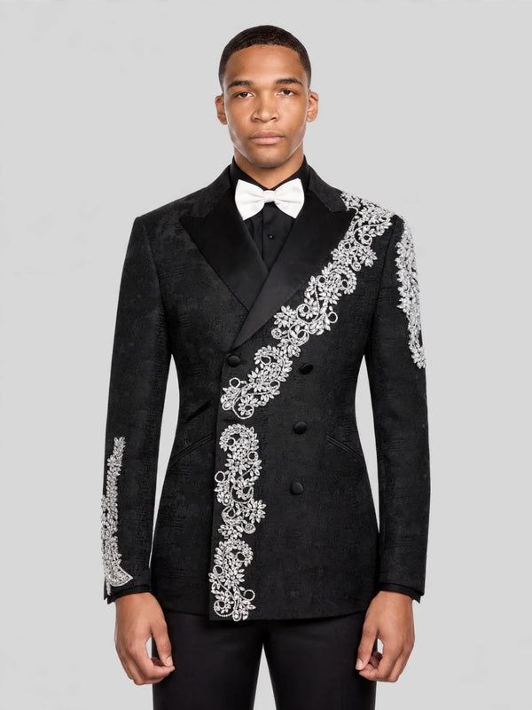 Onyx Silver Crystal Cascade Double-Breasted Tuxedo Jacket 05