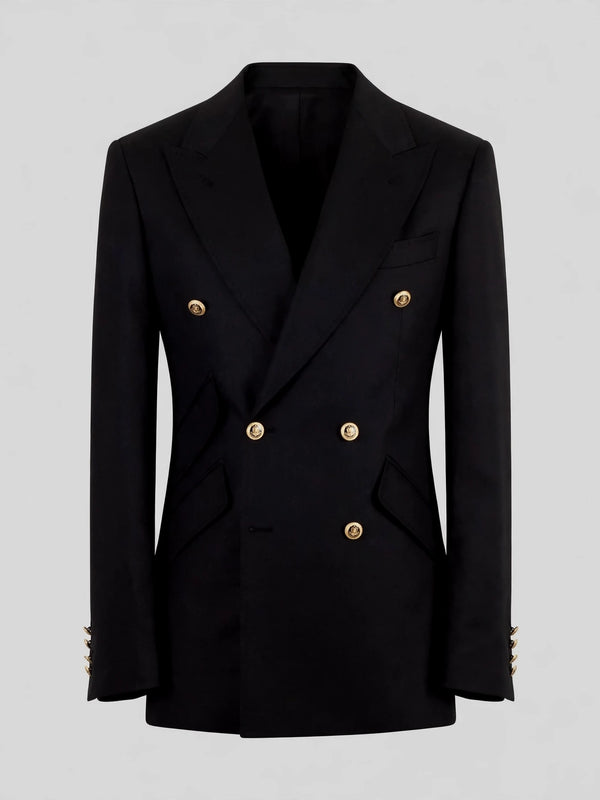 Onyx Gold-Button Slant-Flap Peak-Lapel Double-Breasted Suit Jacket 07