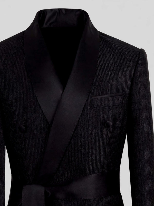 Onyx Ribbed-Weave Satin Shawl-Collar Sash-Belt Two-Button Double-Breasted Tuxedo Jacket 08