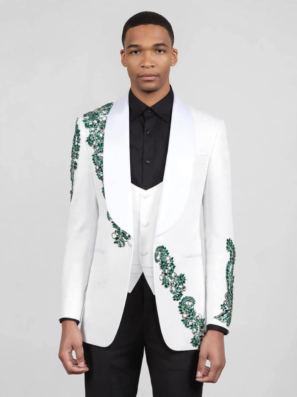 Ivory Emerald Crystal Shawl-Collar Tuxedo Jacket 04