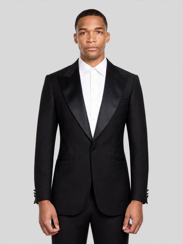 Onyx Smooth Pick-Stitch Jetted-Pocket Peak-Lapel Tuxedo Jacket 01