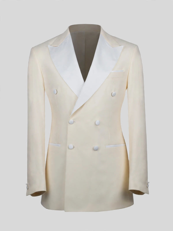 Cream White Satin Peak-Lapel Double-Breasted Tuxedo Jacket 07