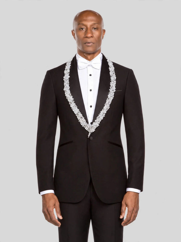 Onyx Silver Crystal Cluster Shawl-Collar Tuxedo Jacket - cover