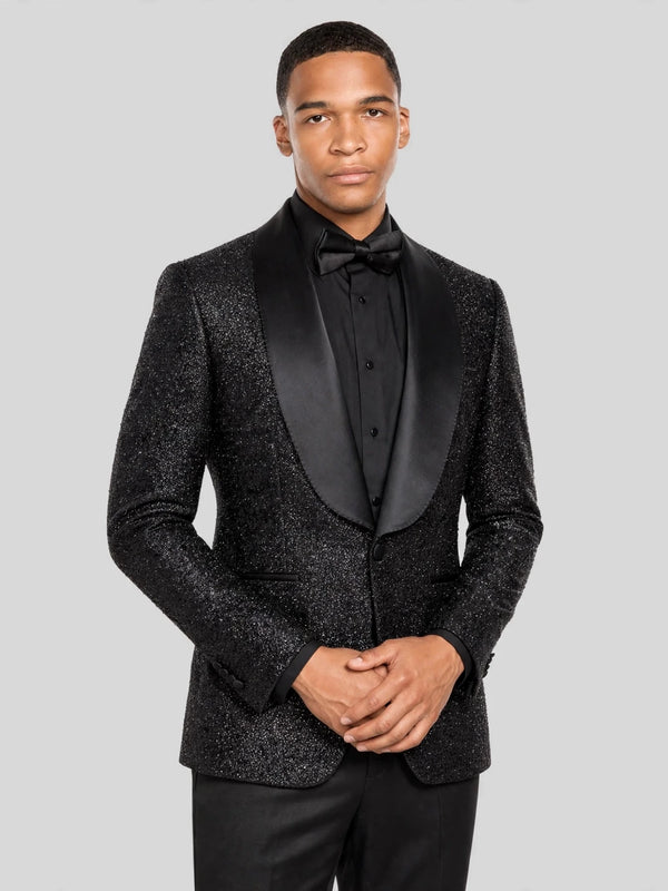 Onyx Glitter-Tweed Satin Shawl-Collar Single-Button Tuxedo Jacket 06