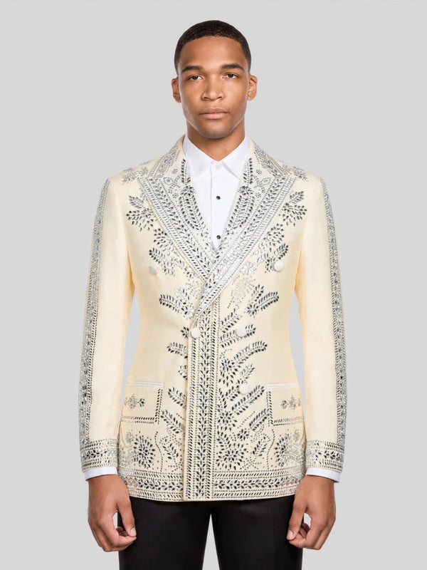 Cream Silver Mirror-Leaf Peak-Lapel Double-Breasted Tuxedo Jacket 01