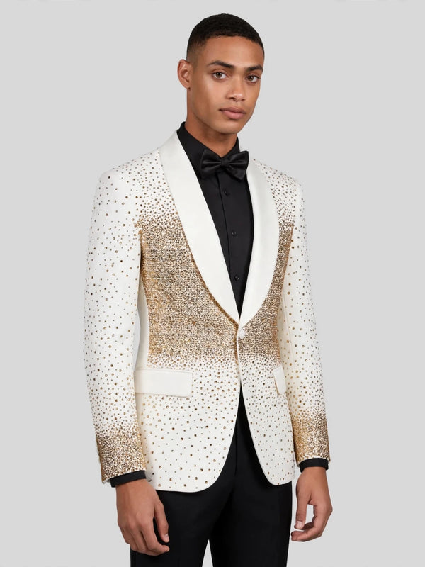 Ivory Gold Gradient Crystal-Dot Shawl-Collar Tuxedo Jacket 06