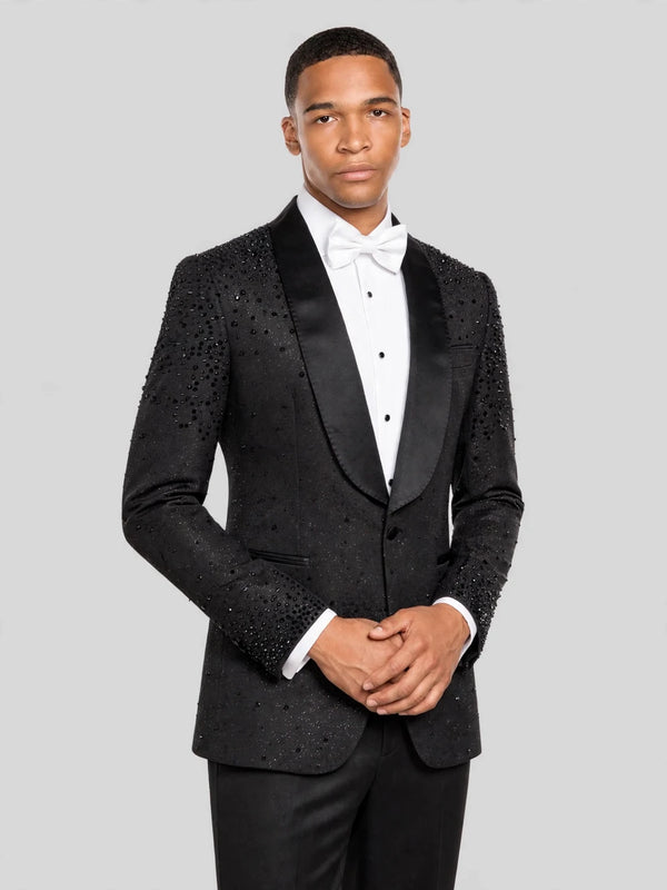 Onyx Jet Bead-Scatter Satin Shawl-Collar Tuxedo Jacket 03