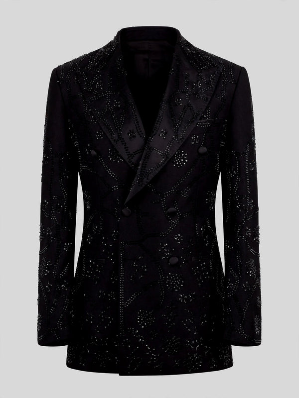 Onyx Jet Beaded Scroll-Vine Peak-Lapel Double-Breasted Tuxedo Jacket 07
