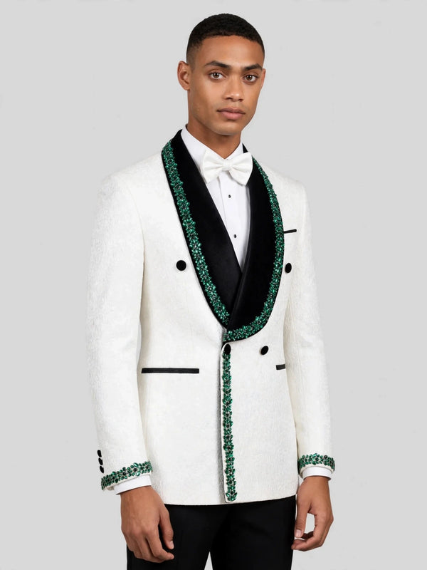 Ivory Emerald Crystal-Trim Black Shawl-Collar Double-Breasted Tuxedo Jacket 03