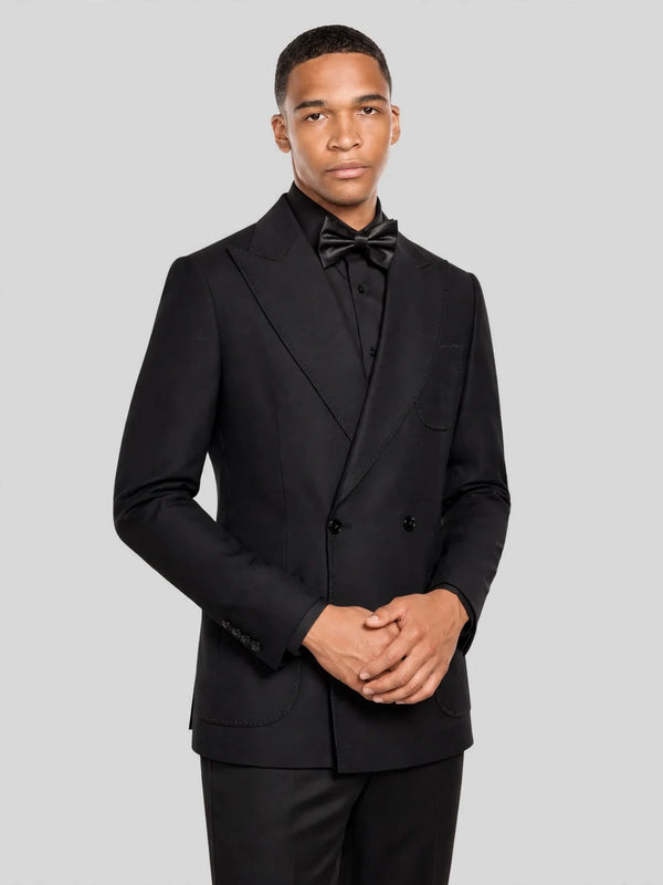 Onyx Fine Pick-Stitch Patch-Pocket Peak-Lapel Double-Breasted Tuxedo Jacket 06