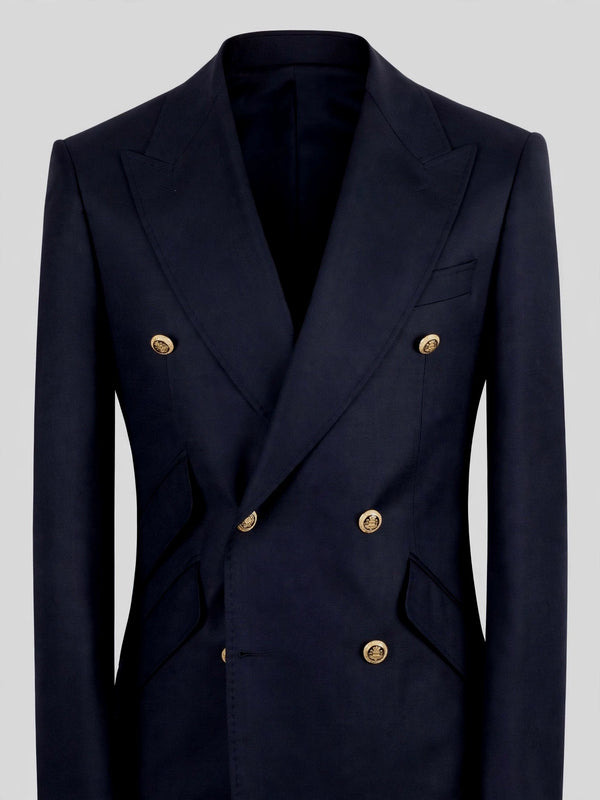 Midnight Navy Gold-Button Slant-Flap Peak-Lapel Double-Breasted Suit Jacket 08