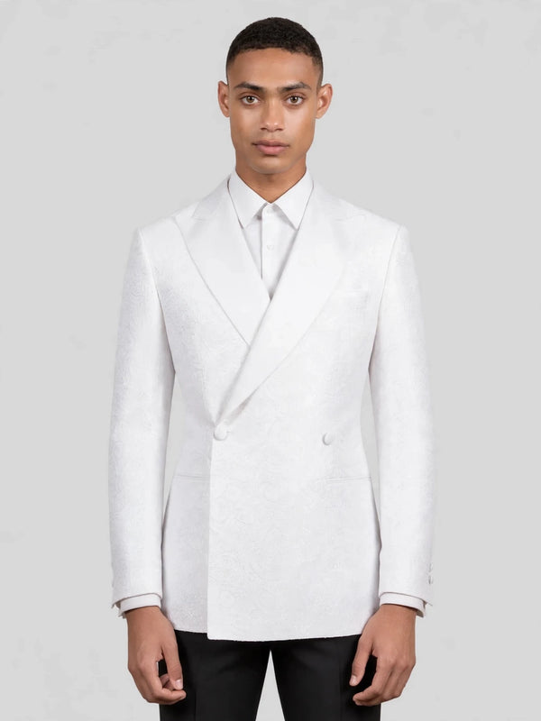 Snow White Paisley-Jacquard Satin Peak-Lapel Two-Button Double-Breasted Tuxedo Jacket 01