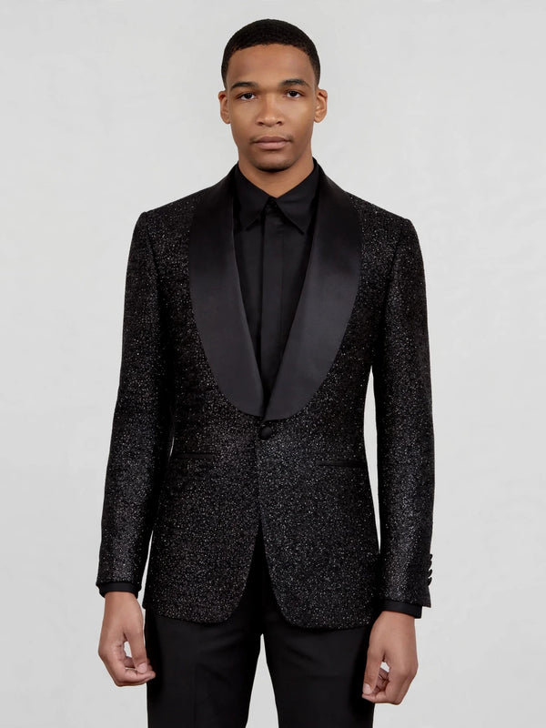 Onyx Glitter-Tweed Satin Shawl-Collar Single-Button Tuxedo Jacket 04