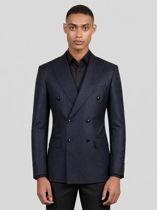 Midnight Navy Pinstripe Six-Button Peak-Lapel Double-Breasted Suit Jacket 04