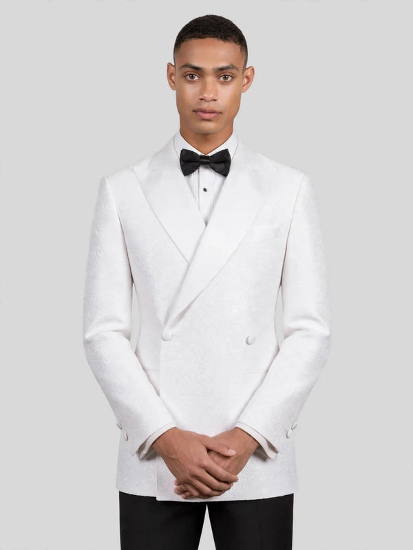 Snow White Paisley-Jacquard Satin Peak-Lapel Two-Button Double-Breasted Tuxedo Jacket 02