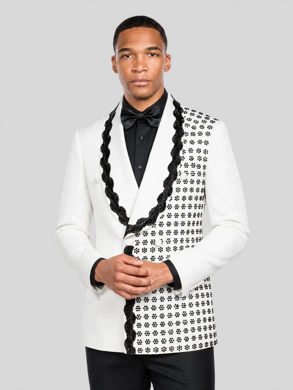 Ivory Jet Floral-Grid Scalloped Shawl-Collar Double-Breasted Tuxedo Jacket 06