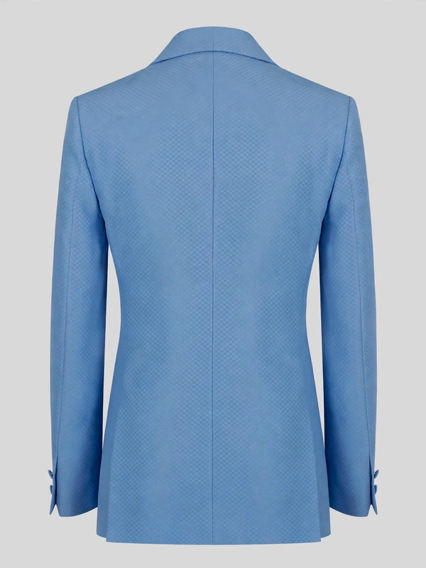 Sky Blue Diamond-Texture Shawl-Collar Tuxedo Jacket 09