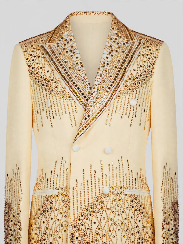 Cream Champagne Mirror-Stud Cascade Peak-Lapel Double-Breasted Tuxedo Jacket 08
