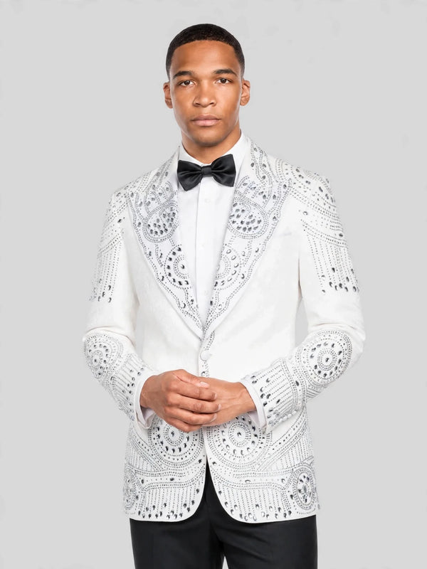 Ivory Silver Crystal Medallion Peak-Lapel Tuxedo Jacket 02