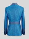 Turquoise Micro-Weave Dusty-Blue Satin Shawl-Collar Belted Double-Breasted Tuxedo Jacket 09