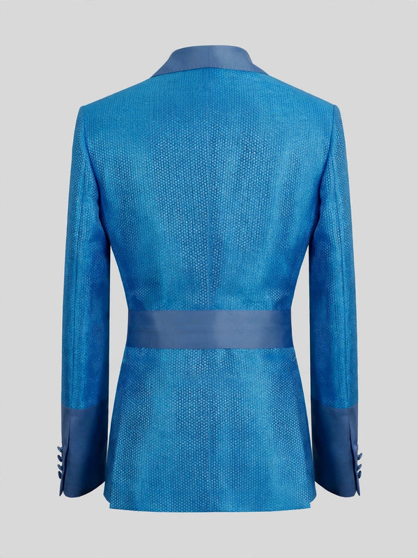 Turquoise Micro-Weave Dusty-Blue Satin Shawl-Collar Belted Double-Breasted Tuxedo Jacket 09