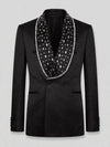 Onyx Silver Crystal-Scatter Beaded Shawl-Collar Double-Breasted Tuxedo Jacket 07