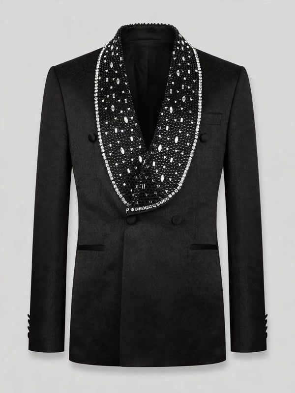 Onyx Silver Crystal-Scatter Beaded Shawl-Collar Double-Breasted Tuxedo Jacket 07