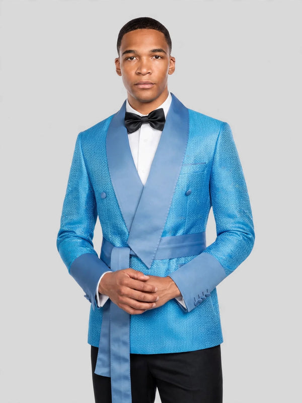 Turquoise Micro-Weave Dusty-Blue Satin Shawl-Collar Belted Double-Breasted Tuxedo Jacket 02