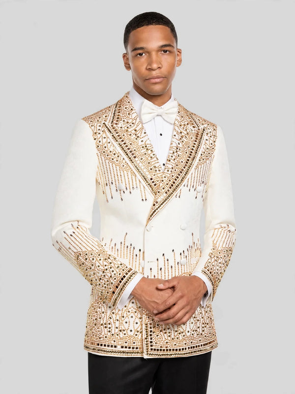 Ivory Champagne Mirror-Stud Crystal Cascade Peak-Lapel Double-Breasted Tuxedo Jacket 03