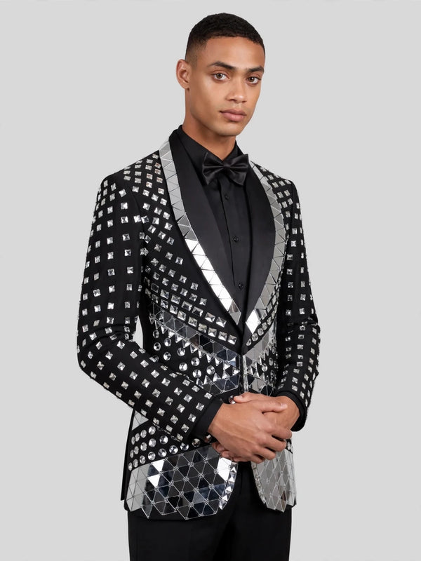 Onyx Silver Mirror-Mosaic Shawl-Collar Tuxedo Jacket 06