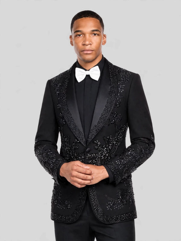 Onyx Jet Floral-Vine Shawl-Collar Tuxedo Jacket 05
