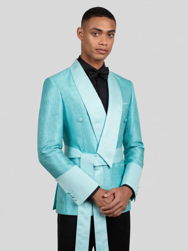 Aqua Mint Micro-Weave Satin Sash-Belt Shawl-Collar Tuxedo Jacket 06