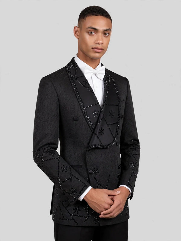 Onyx Jet Constellation-Bead Shawl-Collar Double-Breasted Tuxedo Jacket 03