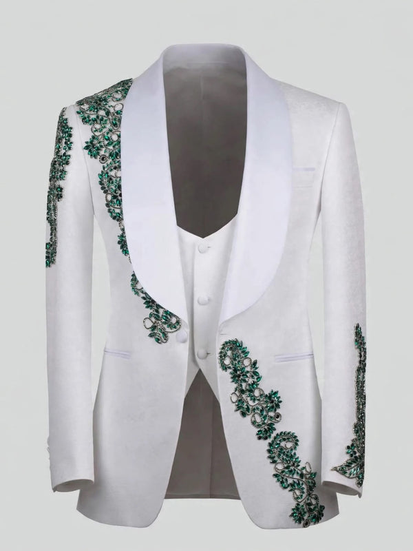 Ivory Emerald Crystal Shawl-Collar Tuxedo Jacket 07