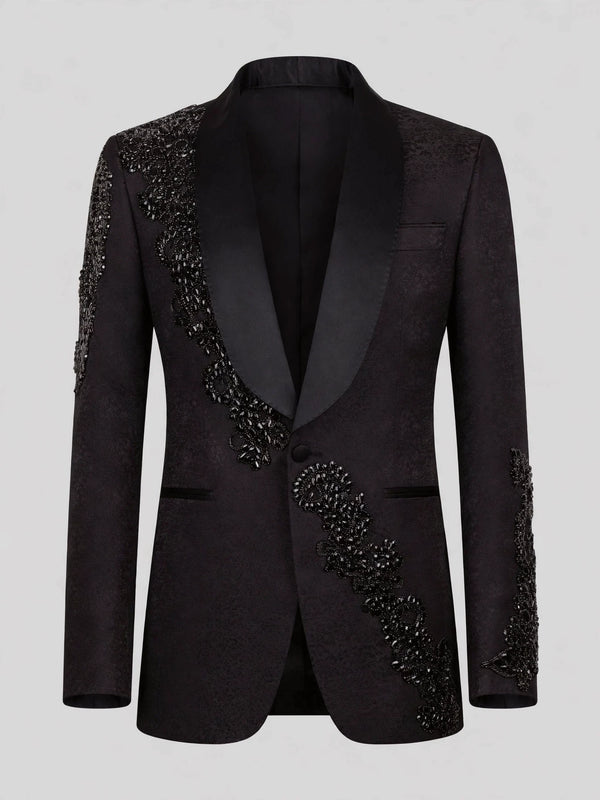 Onyx Jet Beaded Diagonal Shawl-Collar Tuxedo Jacket 07