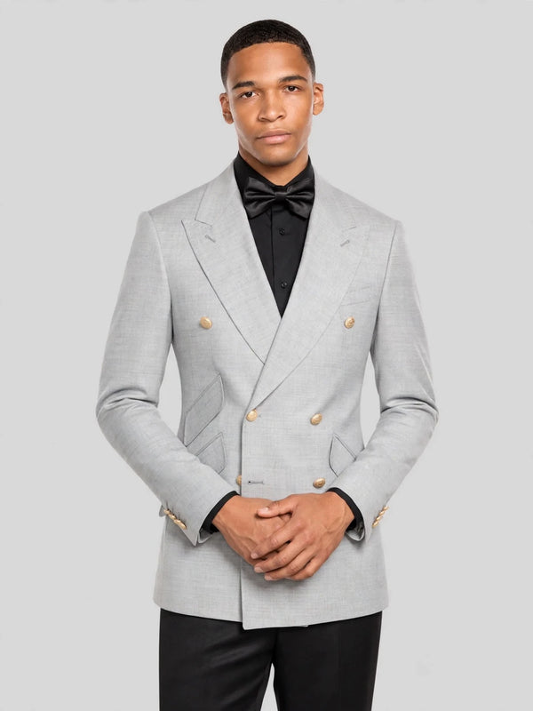 Silver Grey Gold-Button Ticket-Pocket Slant-Flap Peak-Lapel Double-Breasted Suit Jacket 06