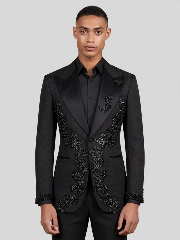Onyx Jet Lace-Motif Peak-Lapel Tuxedo Jacket 04