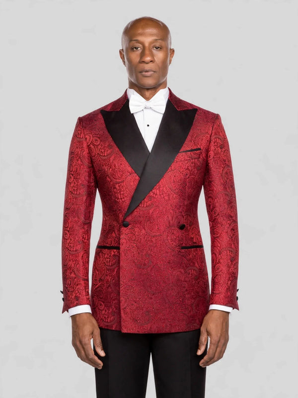 Crimson Paisley-Jacquard Satin Peak-Lapel Two-Button Double-Breasted Tuxedo Jacket - cover