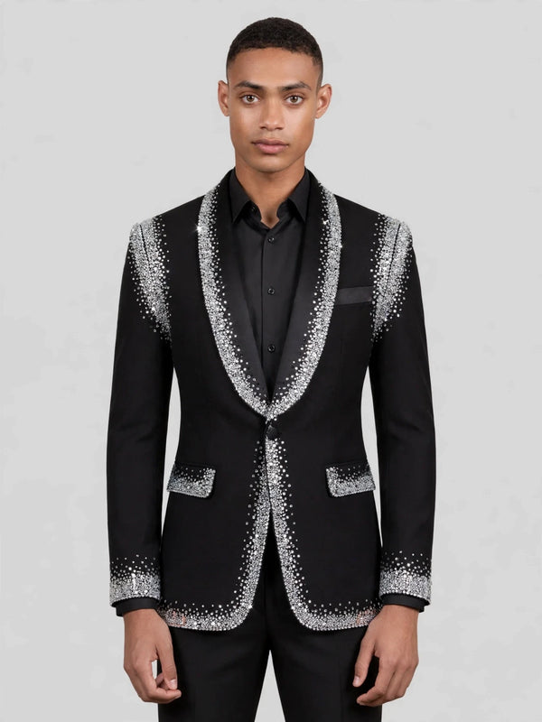 Onyx Silver Crystal Perimeter Shawl-Collar Tuxedo Jacket 04