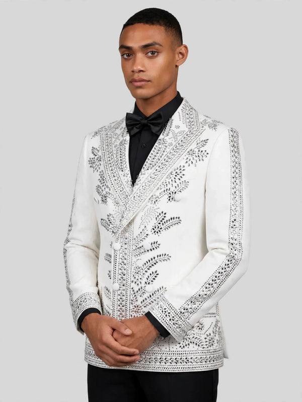 Ivory Silver Fern Crystal Peak-Lapel Double-Breasted Tuxedo Jacket 06