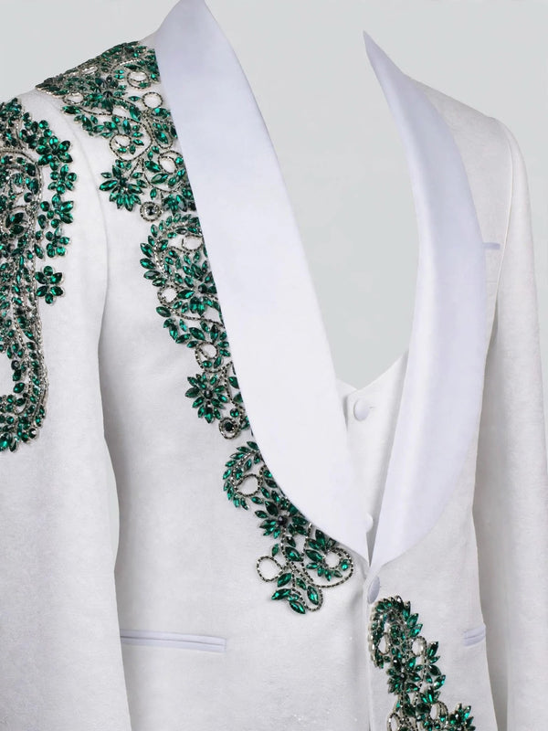 Ivory Emerald Crystal Shawl-Collar Tuxedo Jacket 08