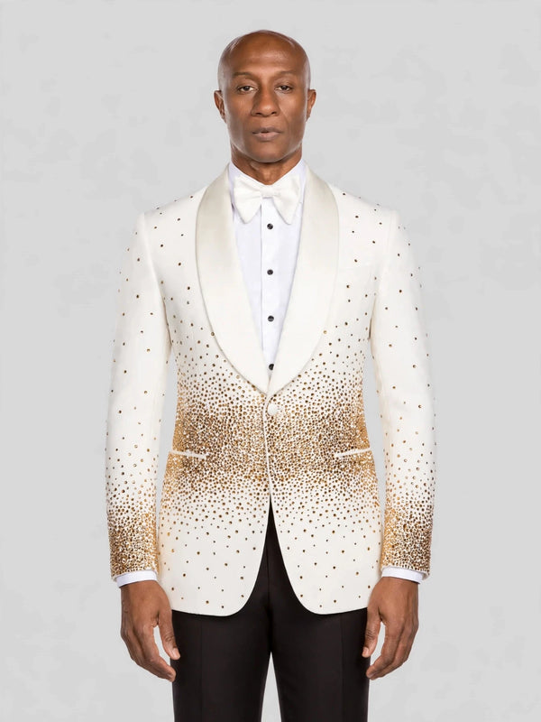 Ivory Gold Gradient Crystal-Dot Shawl-Collar Tuxedo Jacket - cover