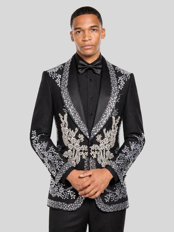 Onyx Silver Crystal Bouquet Shawl-Collar Tuxedo Jacket 06