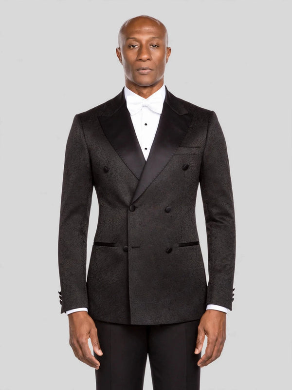 Onyx Grain-Textured Satin Peak-Lapel Double-Breasted Tuxedo Jacket - cover