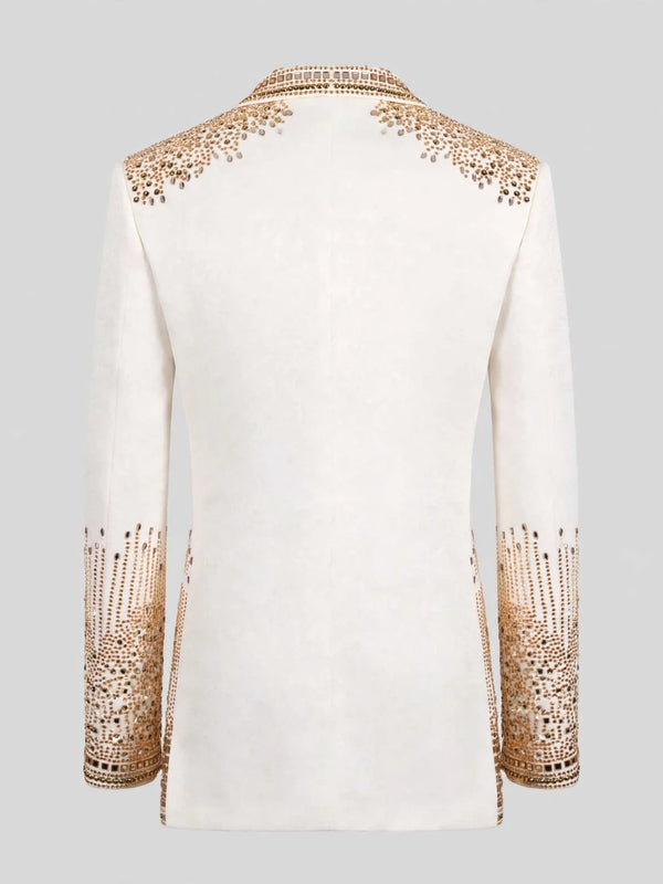 Ivory Champagne Mirror-Stud Crystal Cascade Peak-Lapel Double-Breasted Tuxedo Jacket 09