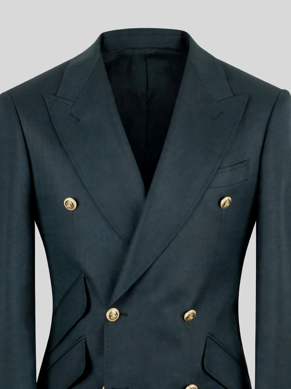 Slate Teal Gold-Button Slant-Flap Peak-Lapel Double-Breasted Suit Jacket 08