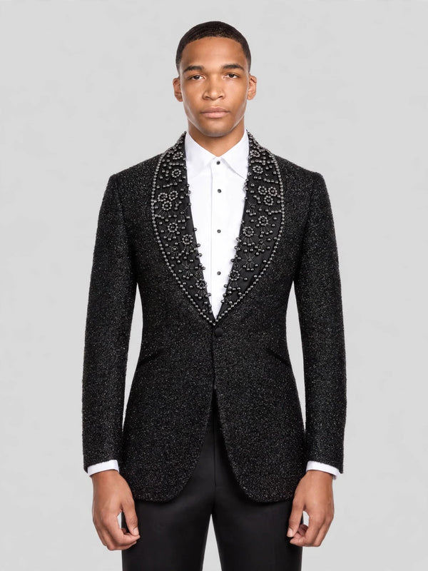 Onyx Silver Pearl-Ring Shawl-Collar Tuxedo Jacket 01