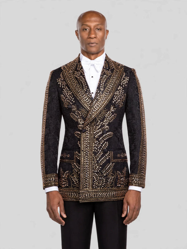 Onyx Gold Fern Crystal Peak-Lapel Double-Breasted Tuxedo Jacket - cover