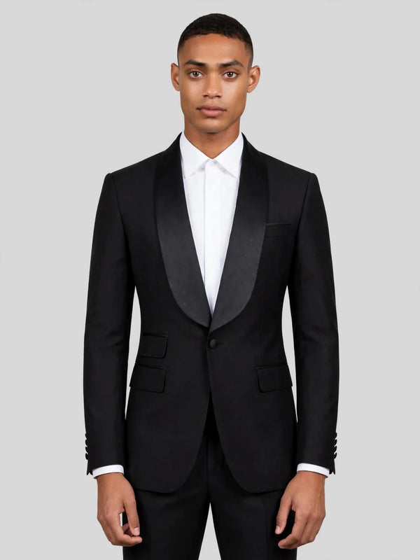 Onyx Smooth Ticket-Pocket Wide Shawl-Collar Tuxedo Jacket 01